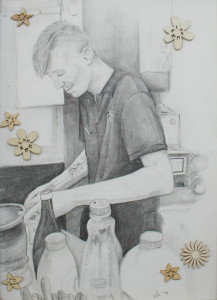 THE BARISTA 2018 Pencil and collage 34 x 25cm framed