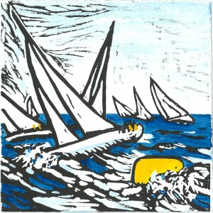 32 Susan Swaddling Race Week Magnetic Island, 2020Linoleum print, watercolour, 12 x 12cm  Magnetic Island host a week of yacht racing every August/September. Sometimes the wind is light, sometimes not. I have chosen to represent the racing yachts in strong, bracing winds.Current bid as at 3:30pm 13 November 2020: $50