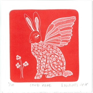 16 Lyn Nicholls Covid Hare, 2020Aluminium plate deep etched and printed as a relief plate, 12 x 12cm I have been experimenting with deep etching on aluminium plates, etching in saline sulphate and then printing as relief plates. So far they seem to be turning out OK! This print is a play on words as with the lockdown in Victoria all hairdressers are closed!Current bid as at 3:30pm 13 November 2020: $40