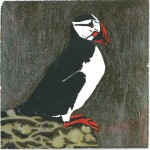 29 Deborah Miller Sunset Lockdown, 2020Mixed media hand-coloured linoleum print, 12 x 12cm I witnessed the Puffin, 'Is it a Priest or a Clown?' (fratercula or 'little friar').  Since COVID 19, the puffin symbolises both.  Its orange beak and orange webbed feet make the puffin somewhat clown like! While we are in lockdown the puffins have a decreased number of visitors, so I have put them in Coronavirus lockdown at home as well, until we can all visit them again! Current bid as at 3:30pm 13 November 2020: $90