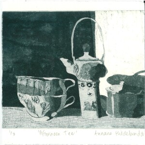 86 Annarie Hildebrand Afternoon Tea, 2020Aquatint etching on copper plate, hahnemuhle paper, 12 x 12cm Afternoon tea reminds me of quiet afternoons, enjoying a fresh, fortifying cup of tea before the busy evening preparations start.Current bid as at 3:30pm 13 November 2020: $70