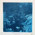 53 Kristen Lawrence Snowy River, 2020Solar plate print, 12 x 12cm Thick blankets of snow sometimes look as if they are an icy blue colour, this is a result of light being scattered around the grains of snow. I photographed this river as the snow was falling over the rocks and trees. The blue ink used is reminiscent of this beautiful blue hue.  Current bid as at 3:30pm 13 November 2020: $50