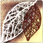 57 Marion Gaemers Skeleton, 2020Mixed media print, 12 x 12cm I am a weaver and I wanted to include the woven object with the work; the print of my leaf becomes its shadow.Current bid as at 3:30pm 13 November 2020: $60