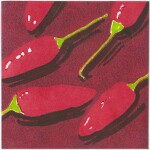37 Robin Hundt August, 2020Relief Print plus Japanese black ink, 12 x 12cm Chillis growing always look spectacular - red candles glowing against green foliage. I picked them in August.Current bid as at 3:30pm 13 November 2020: $40