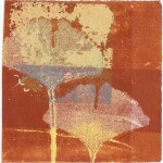60 Rhonda Stevens Hope, 2020Monotype chine colle, 12 x 12cm Stevens is fascinated with the symbology of the Ginkgo Biloba tree and has formed her work using a leaf from a friend’s tree to demonstrate a wish for Hope and Peace for humanity. She refers to how a ginkgo tree survived the explosion of the Hiroshima atomic bomb in Japan; which stands at a location near the centre of the blast in an area now known as the Park of Peace.  The tree is now called 'bearer of hope'.Current bid as at 3:30pm 13 November 2020: $70