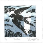 48 Lin Schwarzkopf Swallow, 2020Contact transfer and linocut, 12 x 12cm  Open sky and knowledge both provide freedom, allowing us to take flight.Current bid as at 3:30pm 13 November 2020: $20