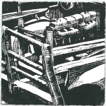 79 Brian Pool 2F, 2020Linoleum print, 12 x 12cm  I enjoy the challenge of creating artworks using linocut, producing images in black and white forces me to break the subject down to its most basic form. I especially like the curves and straight lines of old machinery.Current bid as at 3:30pm 13  November 2020 : $30