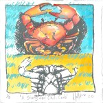28 Lynnette Griffiths A Study for Chili Crab, 2020Hand coloured screen print, 12 x 12cm As part of my creative practice I always draw, often transferring my ideas to different mediums before I make the final product. This process gives me time to think and resolve ideas. This mud crab just ended up on my plate.Current bid as at 3:30pm 13 November 2020: $40
