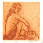 63 Irene Rae Resting, 2020Drypoint, 12 x 12cm  I have always preferred using the human figure in my artwork. This drypoint came out of a session with a professional 'life' model.  In between poses, the model relaxed, often just sitting. Current bid as at 3:30pm 13 November 2020: $40