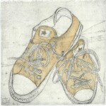 70 Bronte Perry Do you ever have those days where you feel like an old shoe?, 2020Drypoint hand-coloured with tea on Hahnemuhle 150gsm, 12 x 12cm  This piece is about taking a rest when you feel worn out, scuffed, and tired. It is also a short love letter to all the pairs of sneakers that have carried me through life.Current bid as at 3:30pm 13 November 2020: $20